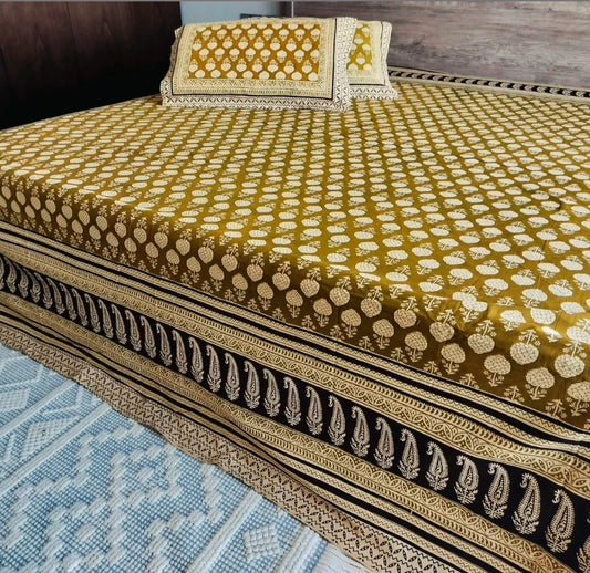 Deep Olive Hand block Bedsheet