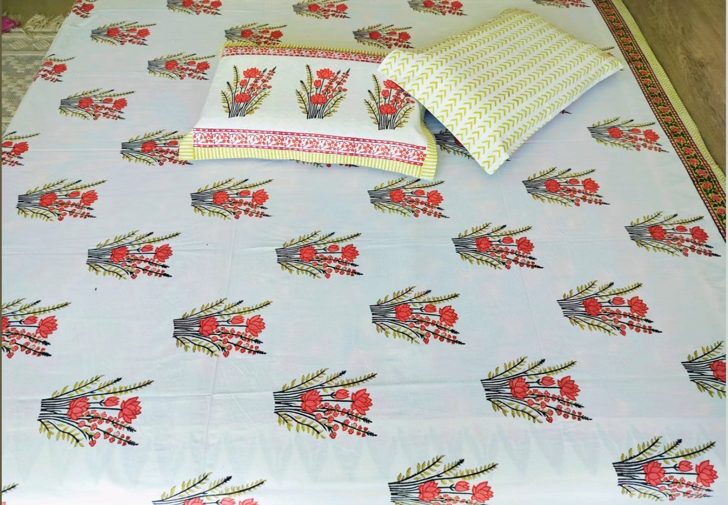 🌸 1. “Blush Bloom Elegance Premium Handblock Bedsheet