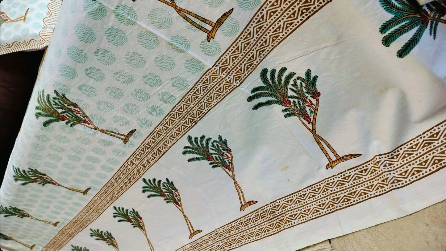🌴 Tropical Breeze – Handblock Palm Paradise Bedsheet