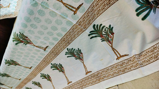 🌴 Tropical Breeze – Handblock Palm Paradise Bedsheet