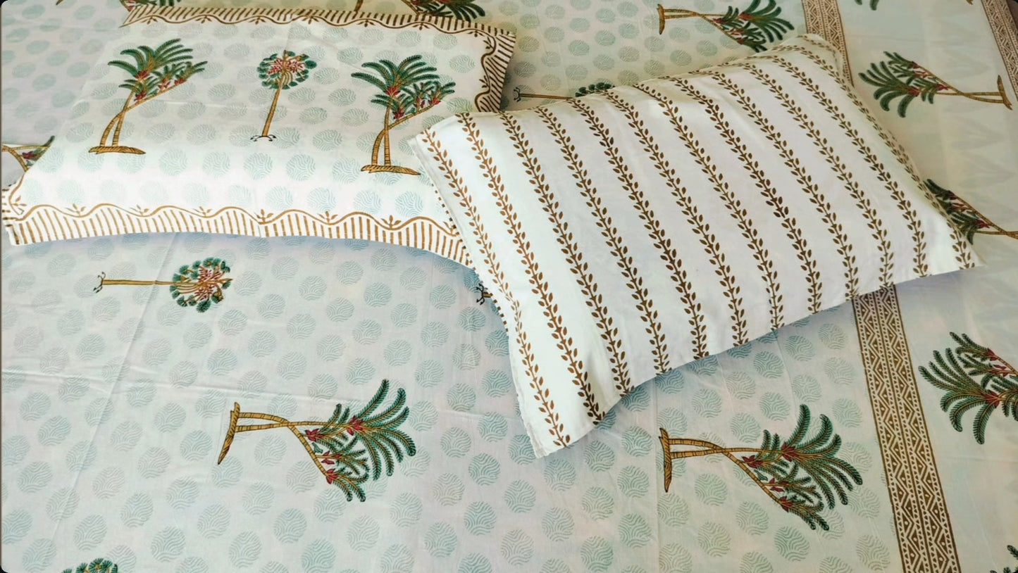 🌴 Tropical Breeze – Handblock Palm Paradise Bedsheet