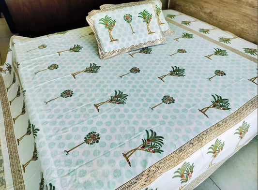 🌴 Tropical Breeze – Handblock Palm Paradise Bedsheet