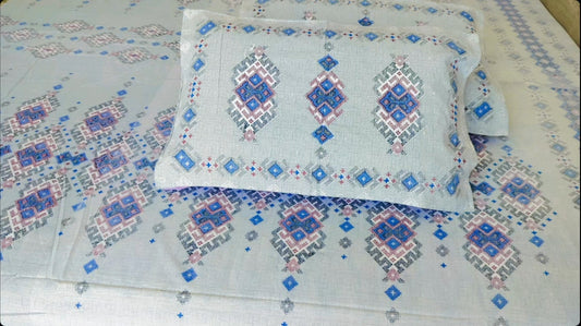 Midnight Threads Cross stitched hand block bedsheet