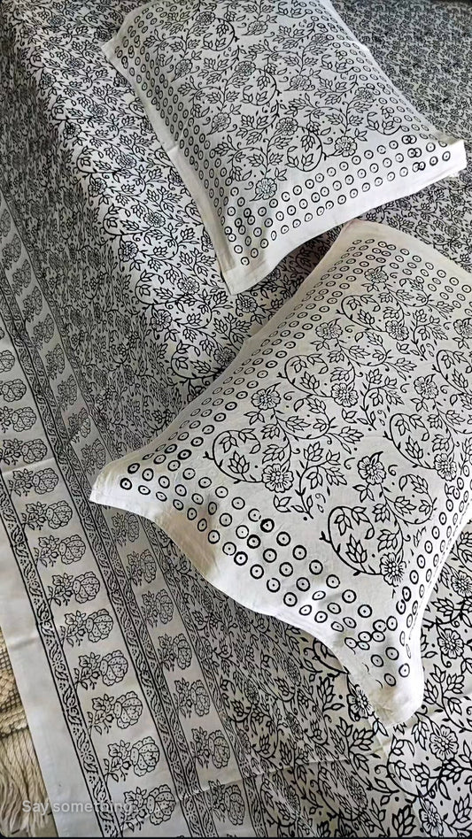 Black and white Hand block Bedsheet
